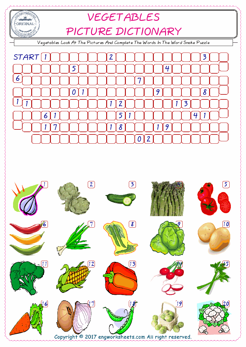  Check the Illustrations of Vegetables english worksheets for kids, and Supply the Missing Words in the Word Snake Puzzle ESL play. 